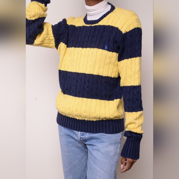 Polo Ralph Lauren Sweaters - POLO RALPH LAUREN cable knit yellow and navy sweater Size XL womens